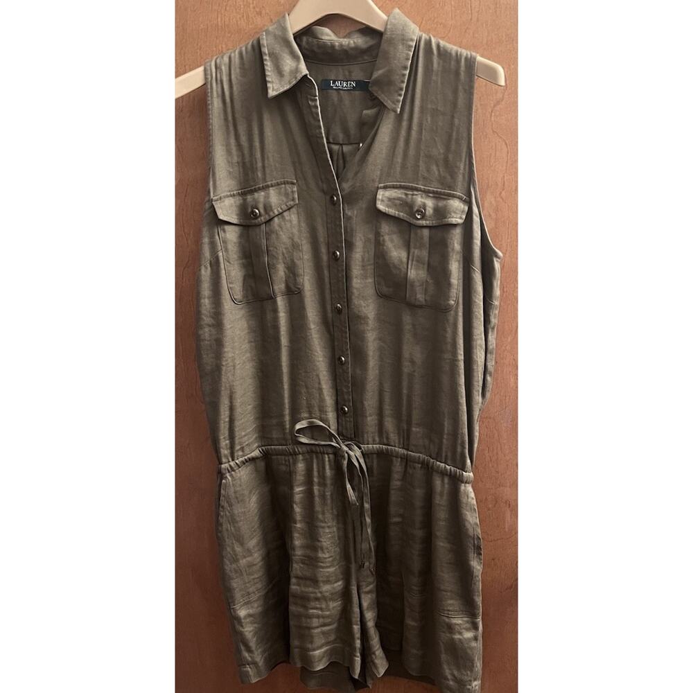 LAUREN RALPH LAUREN Olive Green Linen Utility Romper Sleeveless Size 14 Summer